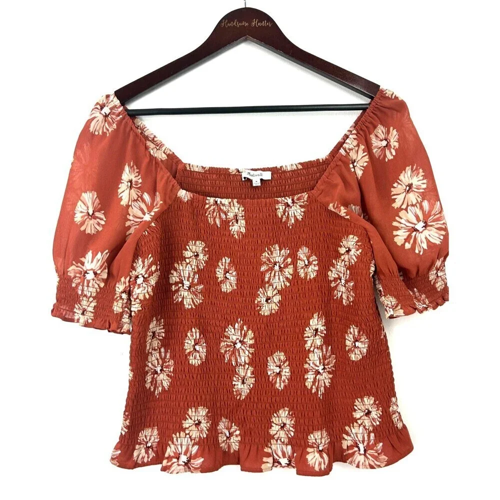 Madewell Georgette Lucie Top Sz M Womens Puff Sleeve Smocked Bodice Moody Blooms